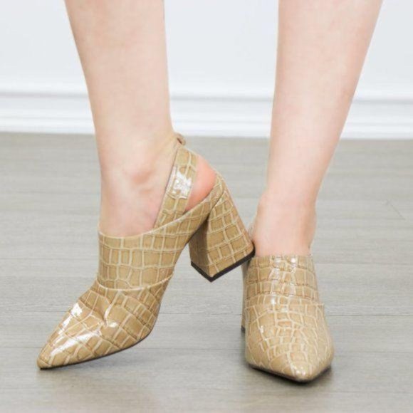 Nude Pointy Toe Faux Croc Print Ankle Boots - Picture 2 of 8